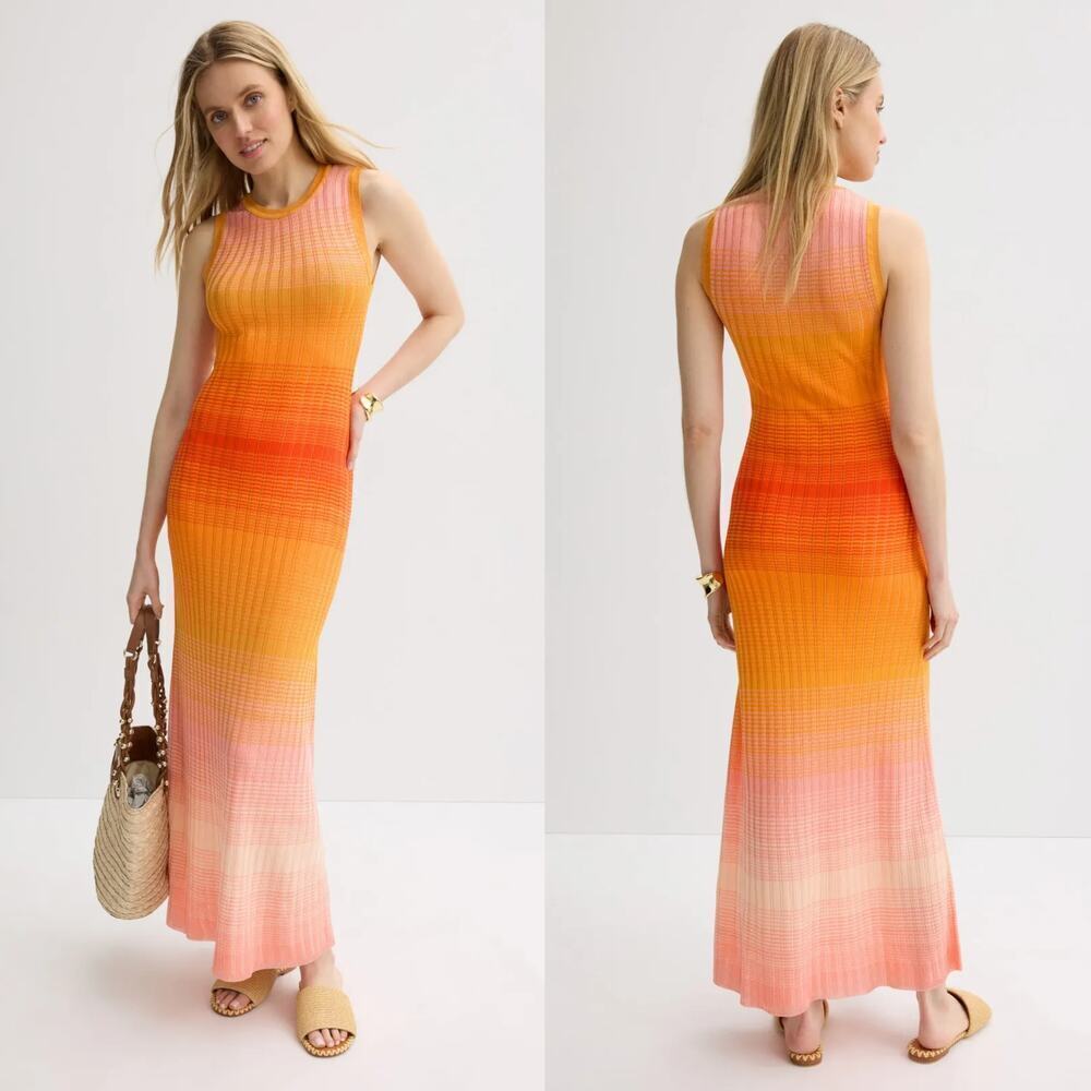 Maje Tie Dye Maxi Dress Rib Knit Sleeveless Tank Sweater Orange Ombre 42